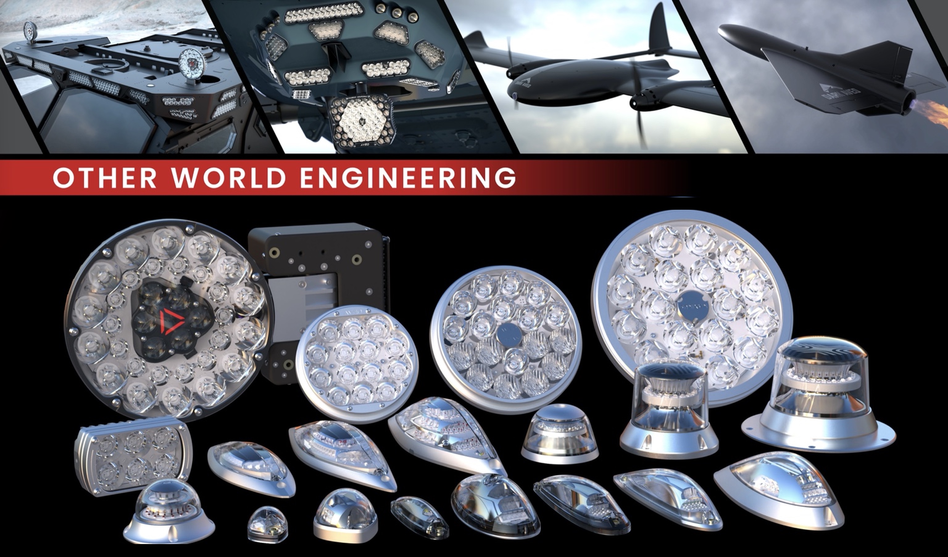 Other World Engineering, Aveo defense and aerospace lighting shown on vehicle, helicopter and drone platforms, above the full Aveo product family.