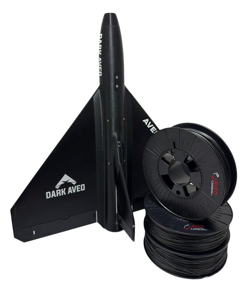 Aveo Carbon5D graphene filament spools beside a 3D-printed Dark Aveo drone airframe
