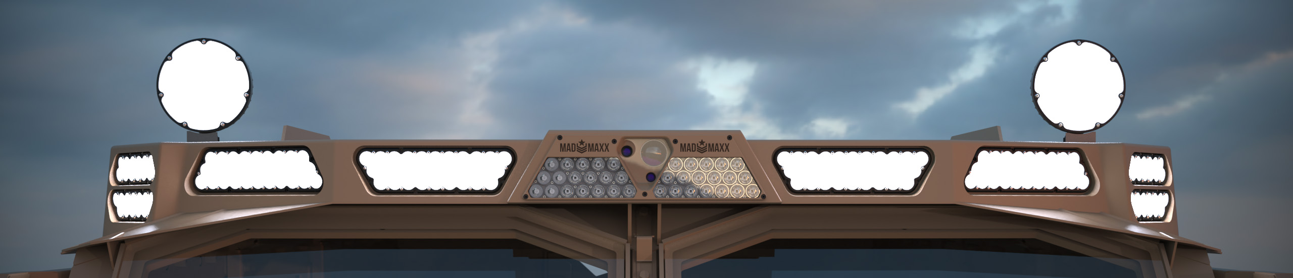 Aveo front light-bar array against a cloudy sky