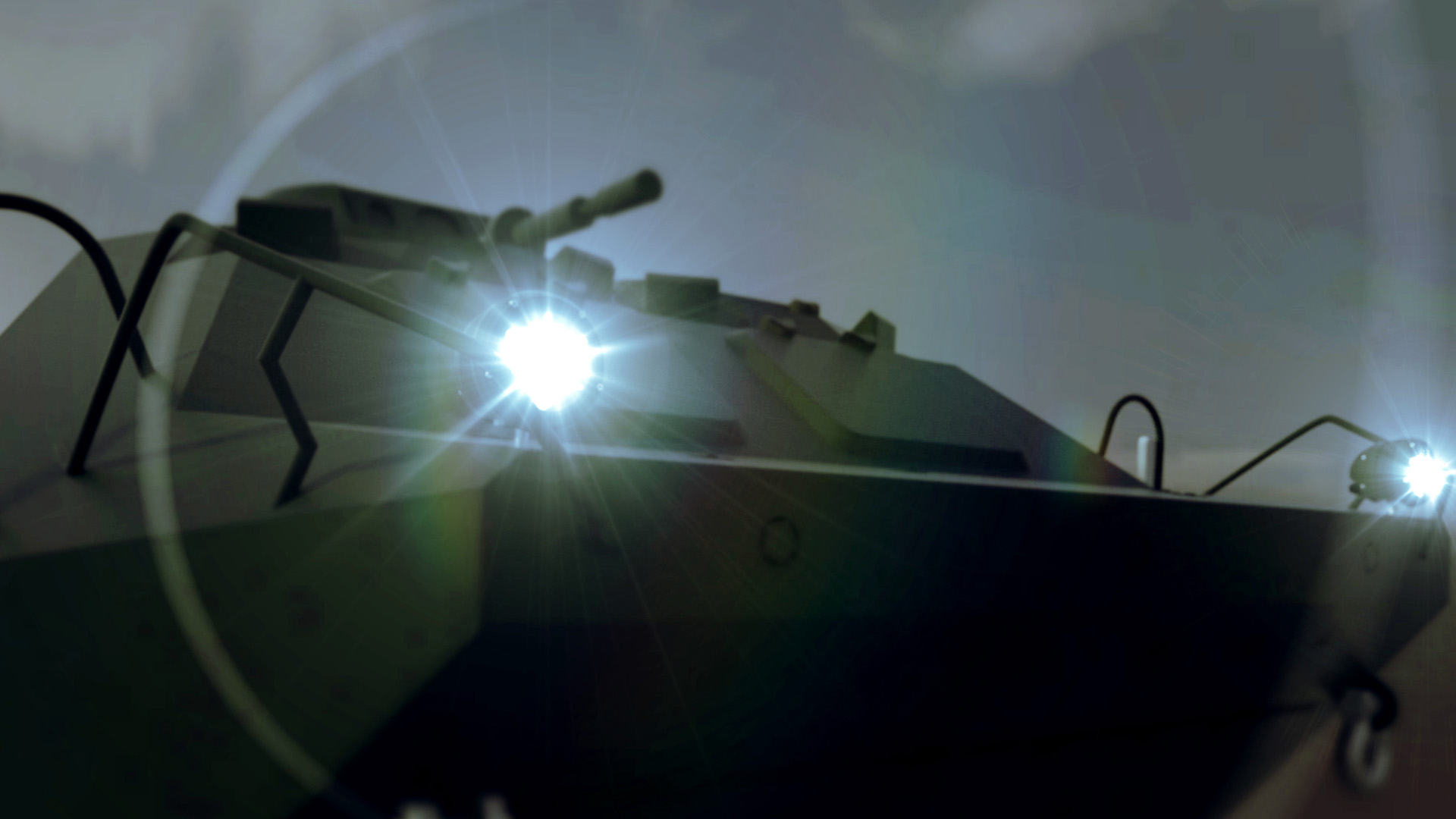 Aveo MadMaxx modular lighting integrated on a military vehicle, front light on