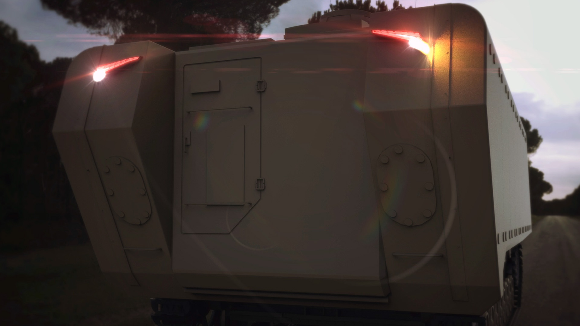 Aveo MadMaxx autonomous ground vehicle with integrated lighting at dusk