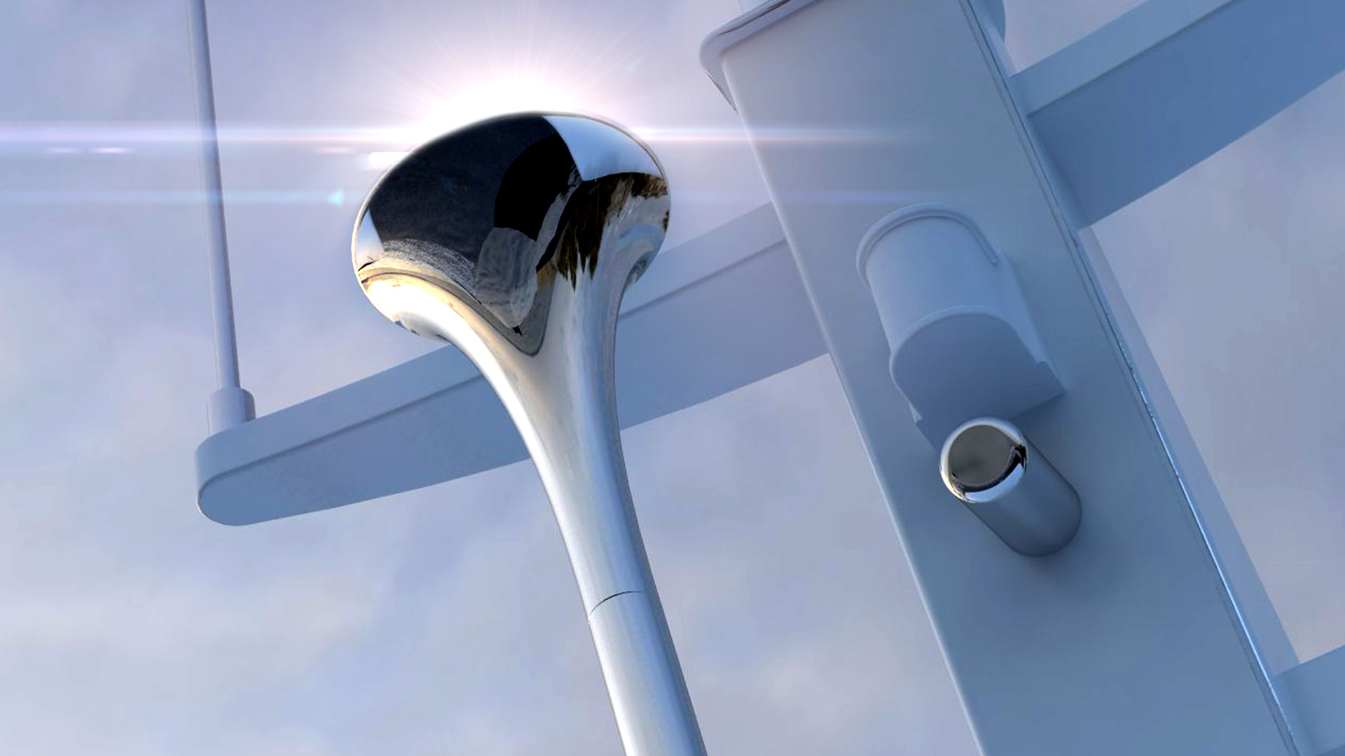 AveoShark chrome mast light close-up with sun flare