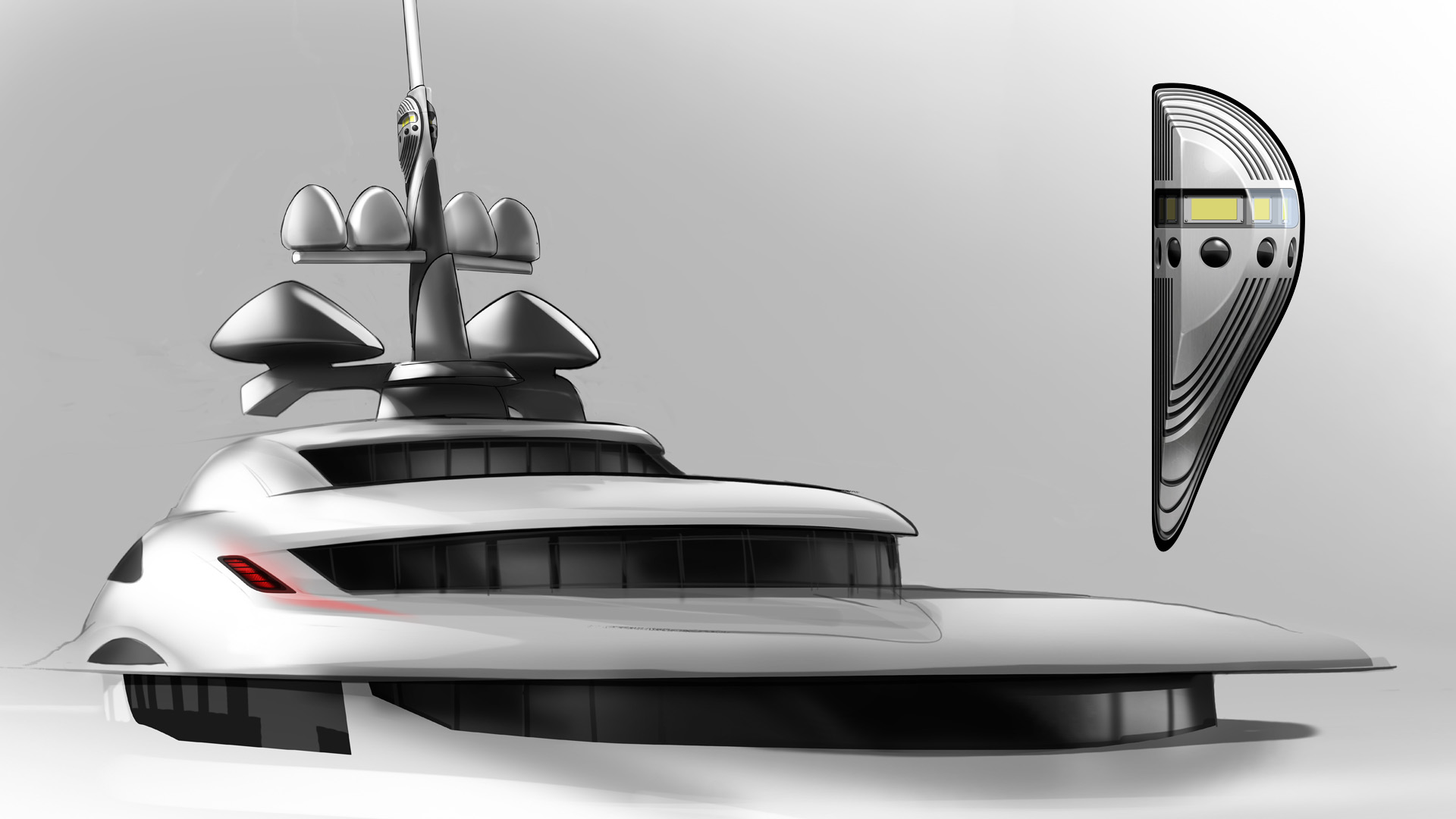 US Navy FSF-1 Sea Fighter research ship underway with a helicopter overhead