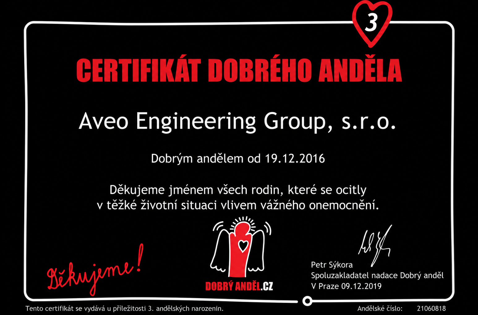 Good Angel (Dobrý anděl) charity certificate awarded to Aveo Engineering Group, s.r.o.