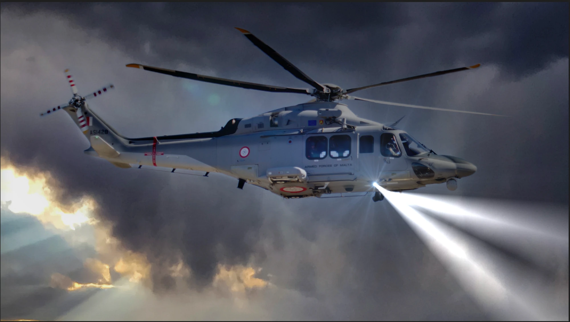 AW139 with Aveo searchlight in storm light